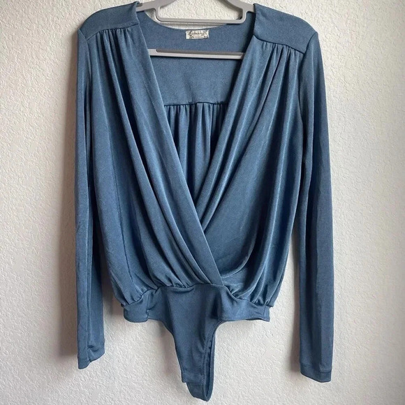 Free People Intimately Turnt Bodysuit Slate Blue Small V Neck Wrap Long Sleeve - Picture 5 of 10